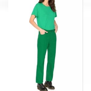 Free People X Sandrine Rose Mid Rise Straight Leg Button Fly Jeans Sapin Green